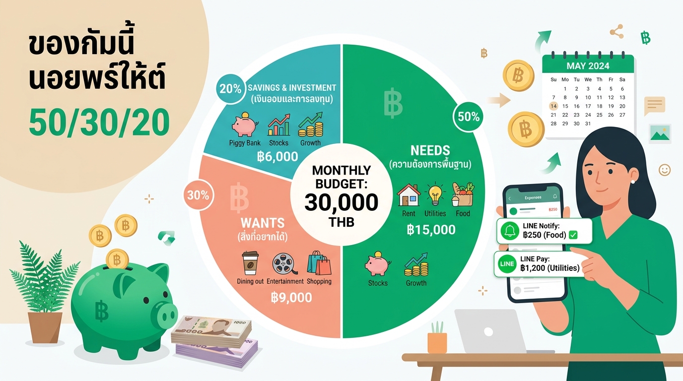 จัดสรรเงินเดือน 30,000 บาท · สูตรแบ่งเงินให้พอใช้ + เหลือเก็บลงทุน 6,000+ ทุกเดือน